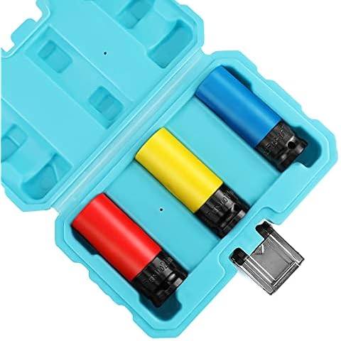 DURATECH 1/2" Drive Wheel Protector Impact Socket Set, 3pcs Thin Wall Deep Impact Socket Set with Plastic Sleeve, 6 Point, Cr-Mo, Metric Protective Lug Nut Socket 17mm, 19mm, 21mm with Storage Box Cover