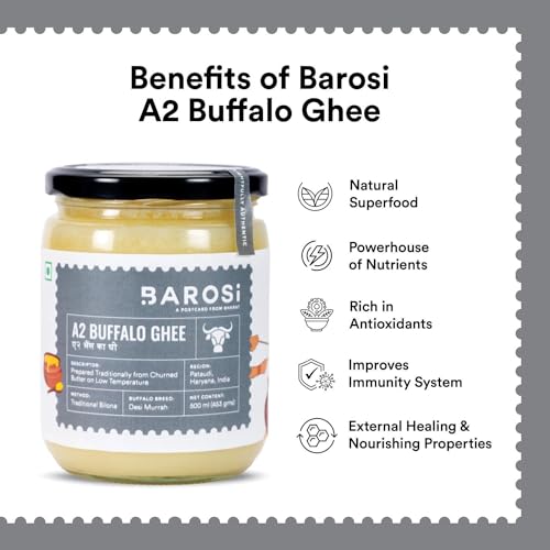 Image of Barosi Premium Buffalo Ghee 500 Ml | Vedic Bilona Method | Churned From Curd | Pure & Natural | Farm Made In Small Batches | Glass Jar Packing