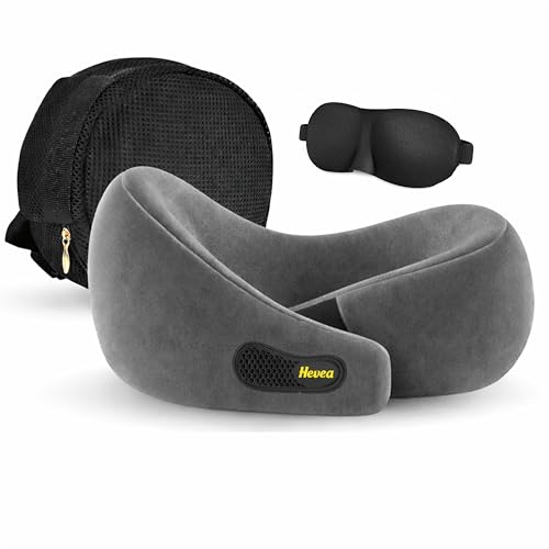 Image of HEVEA Travel Neck Pillow with Eye Mask,100% Memory Foam & 360 Degree Neck Support Pillow for Flight, Car, Bus,Train Travel, Adjustable Velcro, Washable Velvet Cover, Free Travel Pouch..(Gray)