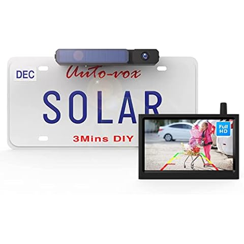 AUTO-VOX Upgraded Solar Reversing Camera Wireless Kit, 3 Mins DIY Installation Solar Powered Rear View Camera Parking Assist System, IP69K Waterpoof Number Plate Reverse Camera for Cars Vans Trailer Cover