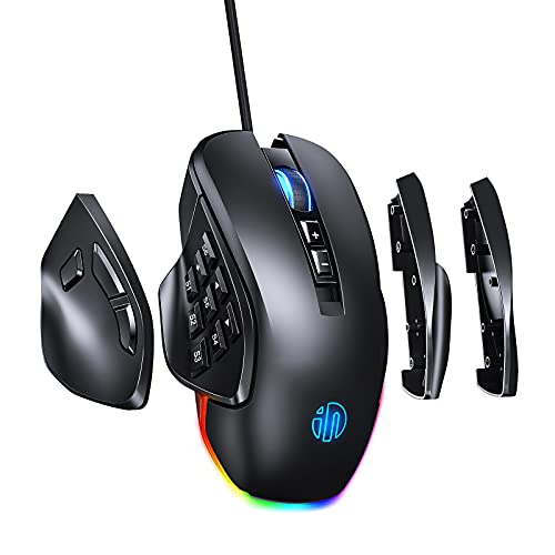 RBG Wired Gaming Mouse INPHIC PG9, 8/14 Programmable Button With 4 Replaceable Side Plates, Brilliant RGB Backlight, Max 10K DPI with 6 Adjustable Level, Ergonomic MMO Gaming Mouse for PC Gaming-Black