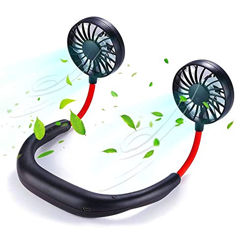 Portable USB Rechargeable Neckband Fan Dual Cooling Mini Fan Lazy Neck Hanging Sport Style 360° Adjustable Headphone Small Personal Wearable Neckband Fan for Traveling Outdoor Office Room