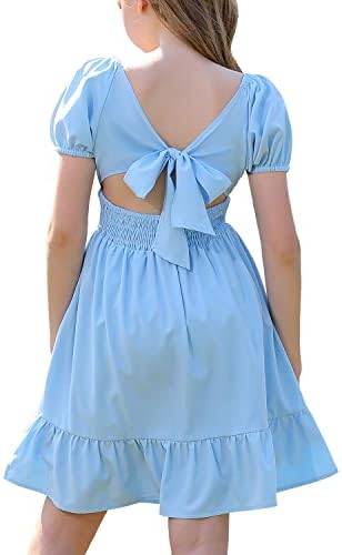 PDCALL Girls' Short Sleeve Ruffle Hem Dress Off Shoulder Tie Back Casual Elegant Dress Light Blue 12-13 Years