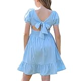 PDCALL Girls' Short Sleeve Ruffle Hem Dress Off Shoulder Tie Back Casual Elegant Dress Light Blue 12