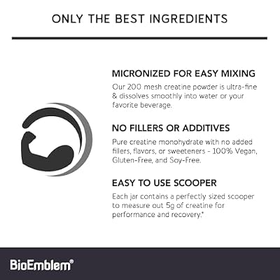 BioEmblem Creatine Monohydrate Powder - Unflavored Micronized Creatine Easily Mixes - Muscle Strength, Workout Recovery, Exercise Performance - 300g Creatine Supplement - Non-GMO, Vegan