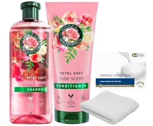 Rose Scented Petal Soft Shampoo 350ml, Conditioner 250ml, Moisturising Beauty Bar & White Flannel - Floral Hair & Skin Care Set - Gentle Shower Set for Dry Hair & Sensitive Skin