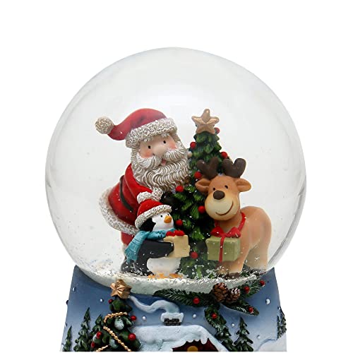Dekohelden24 Sneeuwbol Santa met rendier en pinguïn blauwe sokkel met Kerstmis winterlandschap en speelwerk, melodie: White Christmas - Afbeelding 5