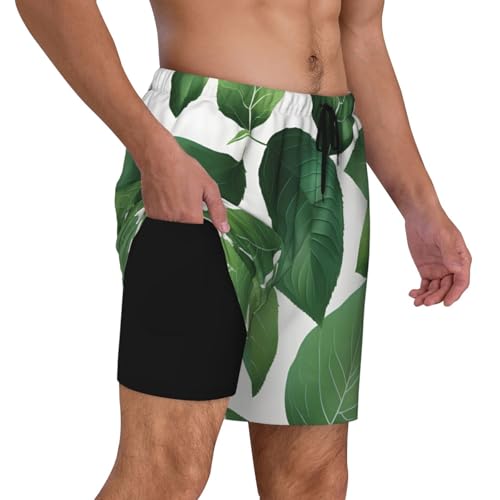Men's Herb Plant Leaf Print Quick-Dry Mesh Swim Trunks Stretch Lining Beach Shorts Surfing Summer Vacations