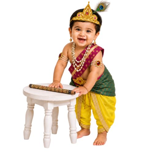 Image of ITSMYCOSTUME Krishna Dress for Baby Boy Kids Set of 10(Dhoti,Patka,Hip Cover,Mukut,Morpankh,Bansuri,Kamarband,Bajuband,Kundal) Little Krishna Ji Kanha Janmasthmi Costume for Kids
