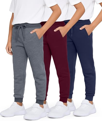 Real Essentials 3 Pack: Boys' Cotton Fleece Jogger Sweatpants - Active Athletic Youth Pants for Teens with Pockets