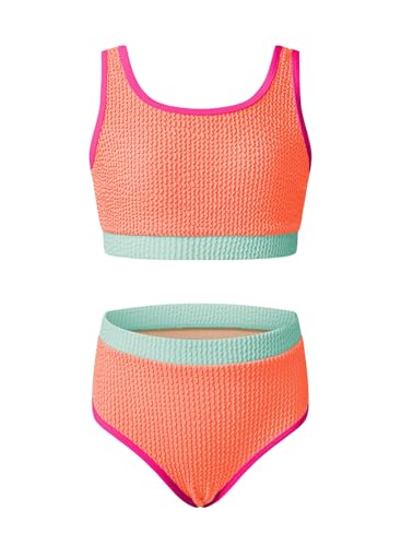 blibean Tween Girls Swimsuits Teen Two Piece Bathing Suits Big Kids Colorblock Bikini Sets High Waisted Cute Swim Suit Junior Textured Swimwear Padding Traje Baño Niñas Size 12-13 Years Orange