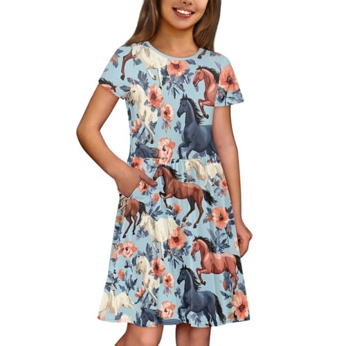 Image of Girls Dress with Pockets Basic Short Sleeve High Waist Swing Skater Dress School Party Dress for Kids