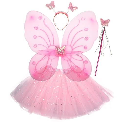 THINCAN Ensemble de costume de princesse fée comprenant un bandeau papillon, des ailes de fée, une jupe tutu, une baguette de papillon, pour filles de 2 à 12 ans