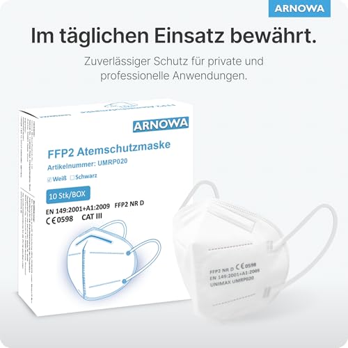 ARNOMED FFP2 Maske Weiß, 10 Stk Masken CE-zertifiziert, Bunt für Erwachsene in Fischform, Medizinisch mit 4 Lagen, FFP 2 Einzeln verpackt, Atemschutzmaske, EN 149, BFE ≥94%