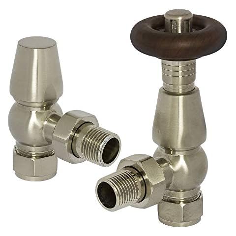 High Quality Brushed Nickel Round Top Traditional Thermostatic Radiator Towel Rail Valves - Angled (Pair) Cover