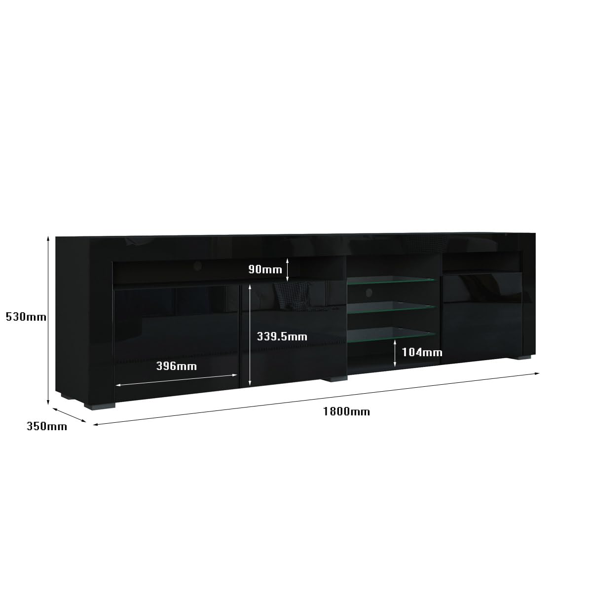 180cm LED TV Schrank Modernes Hochglanz TV Board, Schwarz | mit 3 Türen & Glasböden Fernsehschrank für Wohnzimmer Schlafzimmer Möbel, 180 x 35 x 53 cm