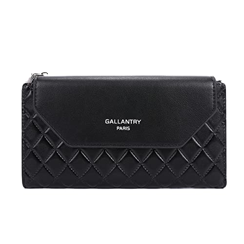 Gallantry Portefeuille Femme Longue Tri-pli - Porte-Carte Monnaie Tout-en-Un - Similicuir Matelassé Carreaux Fermeture Eclaire Magnétique - Fin Léger - Noir...