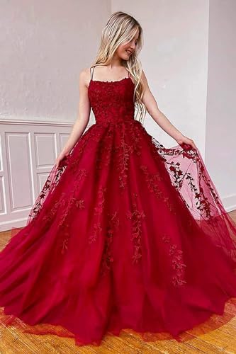 Women's Lace Appliques Prom Dresses Long Spaghetti Strap Ball Gowns Tulle Formal Dress for Party4