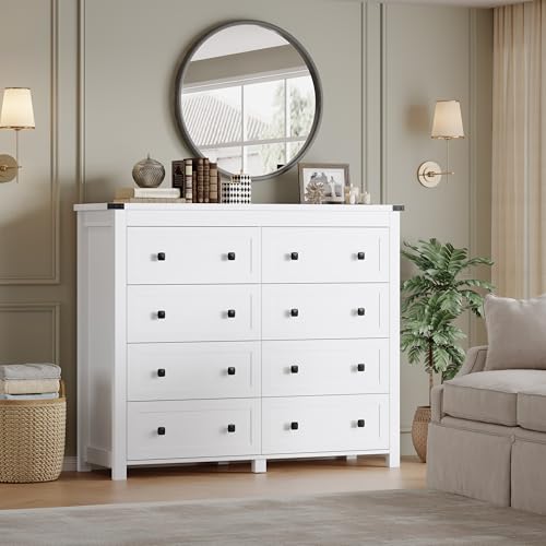 Image of BORNOON Tall 8-Drawer Dresser, Modern Wooden Storage Chest of Drawers, Dresser TV Stand, Wood Drawer Organizer with Metal Handles for Bedroom, Living Room, Hallway