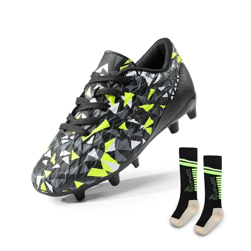DREAM PAIRS Boys Girls Soccer Cleats Youth Firm Groud Athletic Outdoor Trainning Football Shoes with Soccer Socks 10.5 Little Kid Black/Neon/Green