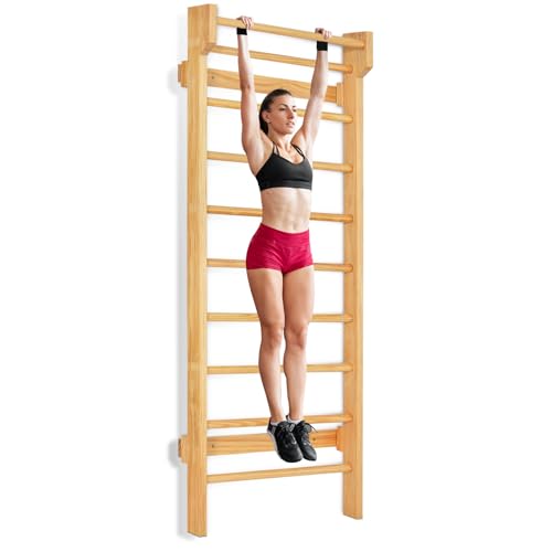 HOMASIS Barra de pared de madera sueca, Escalera para gimnasia y entrenamiento en interiores, pared de escalada para niños y adultos, Capacidad de carga máxima 100 kg, 81x14x195cm, Natural