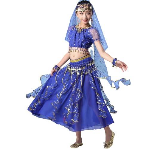 Bkazwe Tenue Danse Orientale Enfant Fille Déguisement Indienne Bollywood Robe Sari à Paillettes, Costume Danse du Ventre avec Voile et Bracelet, Idéal pour...