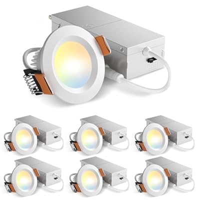 Amico 6 Pack 2 Inch 5CCT Ultra-Thin LED Canless Recessed Ceiling Light with Junction Box, 2700K/3000K/3500K/4000K/5000K Selectable, CRI90+, 6W=40W, 350LM, Dimmable Canless Wafer Downlight-ETL&FCC