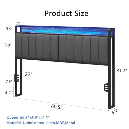Image of Queen Size Upholstered Headboard with LED Lights & Charging Station, USB & Type C Port, Linen Upholstery, Queen Headboard Only Height Adjustable Attach Frame Sturdy and Stable Easy Assembly
