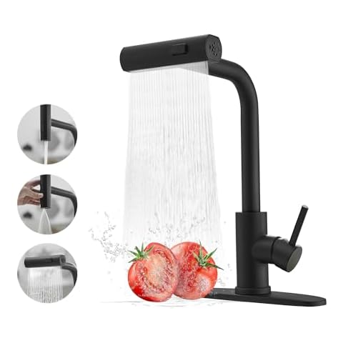 Black Kitchen Faucets with Pull Down Sprayer,Waterfall Kitchen Sink Faucet,Commercial Utility Stainless Steel Kitchen Faucets,Single Handle Kitchen Sink Faucet with Pull Down Sprayer for 3 Function Cover