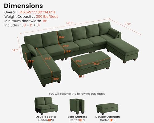Image of CHIC HOUSE Modular Sectional Couch| Corduroy L Shaped Sleeper Sofa, U-Shape Sofa Bed Convertible Chaise with Storage Ottoman for Living Room Modern Furniture (Green, 12 Seater Sleeper)