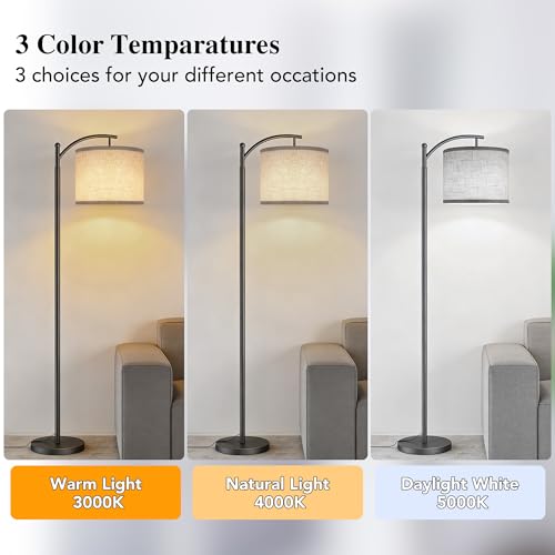 Image of Floor Lamp for Living Room with 3 Color Temperatures LED Bulb, Standing Lamp Tall Industrial Floor Lamp Reading for Bedroom, Office (9W LED Bulb, Beige Lampshade Included) -Grey