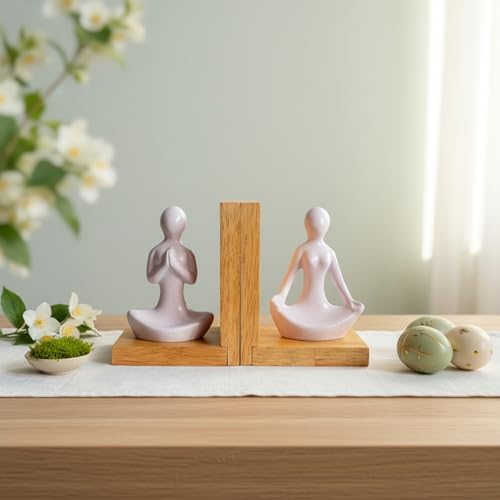 Image of eCraftIndia Wooden Book End and Yoga Lady Statues Decorative Showpiece for Home Decor in Living Room Office