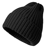 [AOY] ニット帽 レディース 冬 【軽量で柔らかい・厚手であったかい】 帽子 暖かい 防寒 防風 保温 あったかい 厚手 耐久性 柔らかい ふわふわ 締め付け感ゼロ ストレッチ性 無地 オシャレ シンプル ニットキャップ 防寒着 ニット帽子 ランニング (ブラック)
