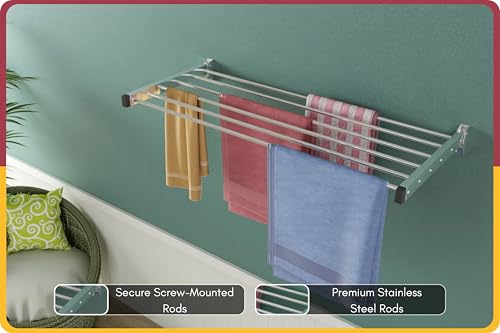 Image of Amiraj Heavy Duty Stainless Steel Wall Mounted Clothes Drying Rack | Foldable & Space Saving Cloth Dryer Stand for Balcony, Laundry & Bathroom | Rust-Free Laundry Rack (4 Feet, 6 Pipe)