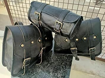 American Blue Alforjas de cuero hechas a mano para motocicleta || Equipaje para motos, bicicletas, deportes de motor, ciclomotores || Juego de 3 bolsas laterales de cuero para motocicleta de doble