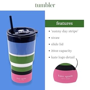 kate spade new york 20 Ounce Insulated Tumbler for Cold and Hot Drinks with Reusable Straw Stainless Steel Travel Cup with Slide Top Lid Sunny Day Stripe