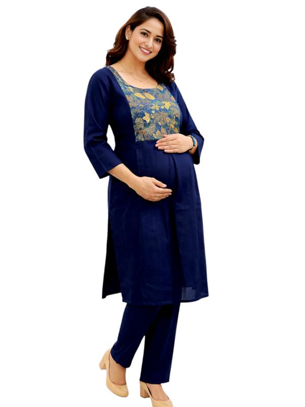 Image of RITIJYA Pure Cotton Feeding Kurta Pant Set for Women | Floral Anarkali Pregnancy Dress with Concealed Nursing Zipper Side Pocket | Pre & Post Partum | Maternity Dresses | Baby Shower Outfit