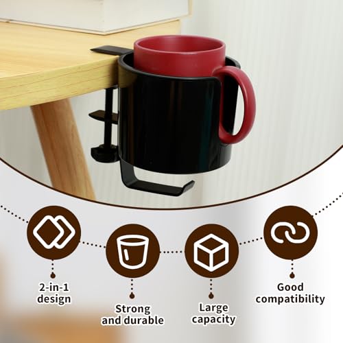 Image of 2 Pack Desk Cup Holder, 2-in-1 Anti-Spill Cup Holder Clamp with Headphone Hanger, Compatible with Most 3.74 inch Coffee Mugs, Water Cups (Black)