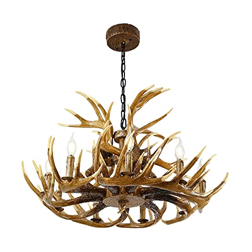Durahonn Antler Chandelier, 9 Lights E12 Bulbs, Brown Resin Deer Horn Chandelier, Retro Antler Pendant Light For Kitchen, Bar, Living Room, Dining Room (15 Antlers + 9 Lights) #TOP4