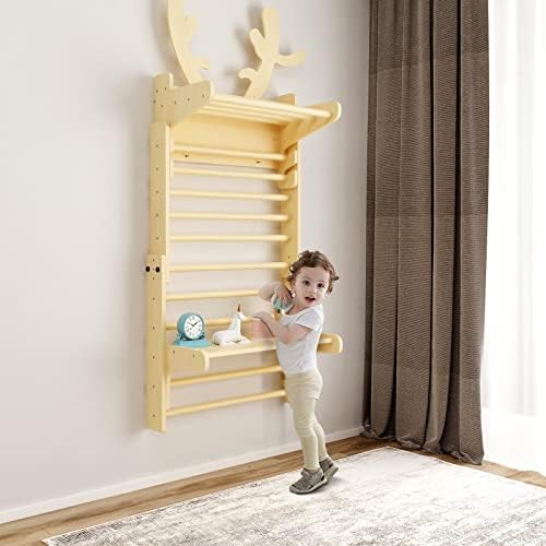 BanaSuper Wooden Swedish Ladder Wall with Table Top Deer Horn Climbing Frame Set Triangle Climber for Kids Indoor Gymnastic Play Structure with Tabletop