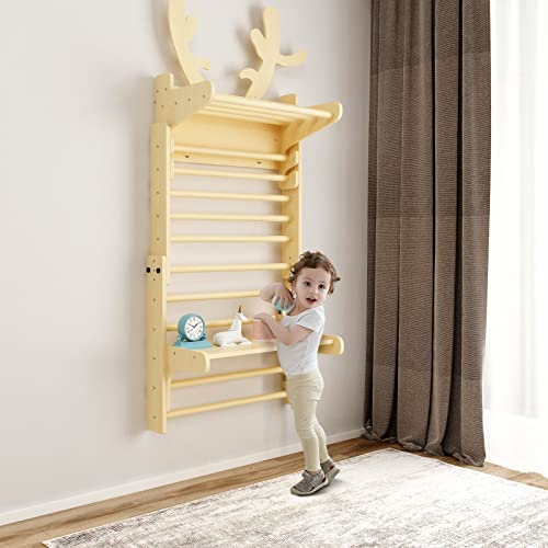 Banasuper Wooden Swedish Ladder Wall With Table Top Deer Horn Climbing Frame Set Triangle Climber For Kids Indoor Gymnastic Play Structure With Tabletop #TOP3