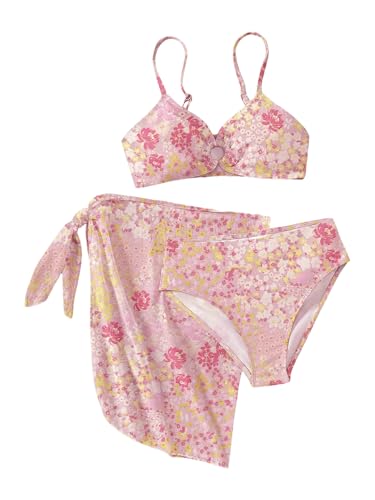 Image of RoseSeek Girls 3 Piece Bikini Set with Beach Skirt Floral Leopard O-Ring Padded Swimsuit for Teen Girls