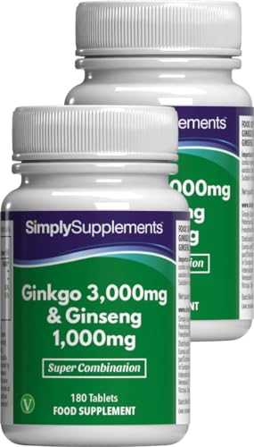 Ginkgo Biloba 3.000mg, Ginseng Coreano 1.000mg con Vitamina B6 y Hierro – Complemento Alimenticio Natural de Alta Potencia – 360 Comprimidos Veganos – Formato 4 Meses – SimplySupplements