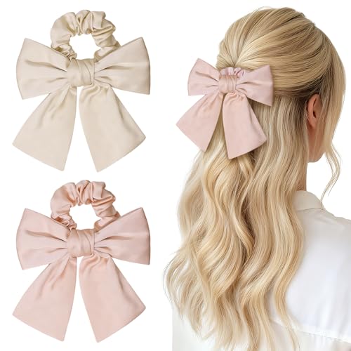 Yonchic 2-Piece Bow Knot Hair Ties for Women & Girls No Damage Satin Cute Hair Scrunchies Ponytail Holders with Bow Elastic Rubber Bands Scrunchy Hair Accessories (White & Pink)