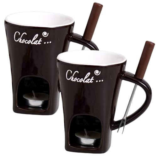 CUCUFA 2Pcs Chocolate Fondue Cup with Fork Ceramic Chocolate Fondue Mug with Handle, Tealight Cave & Hole for Fork Holding, Tealight Not Included, Sweet Cup