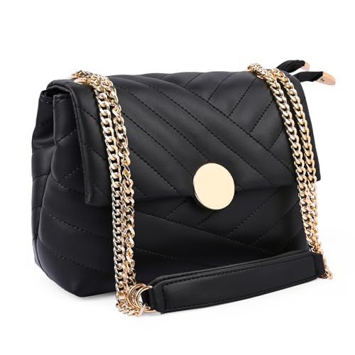 ADISA SL5136 - Bolso cruzado acolchado para mujer y niña con cadena dorada, negro, M