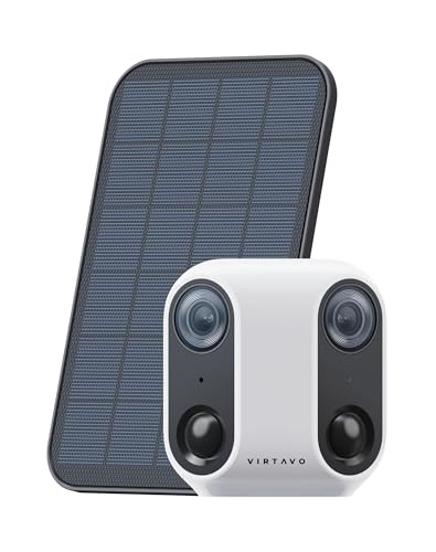 VIRTAVO Camera Surveillance WiFi Exterieure sans Fil, Double Objectif 160°, Vision Nocturne Couleur Starlight, Batterie et Panneau Solaire Intégrés,...