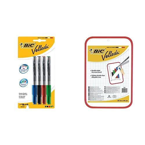 BIC Velleda 1741 - Blíster de 4 unidades, marcadores de pizarra punta media (4,5 mm), colores surtidos + BIC Velleda Pizarra Blanca de Doble Cara