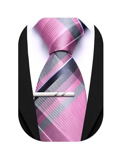 Image of Barry.Wang Plaid Ties Mens Silk Necktie and Tie Clip Checkered Tie for Wedding Party Business Formal