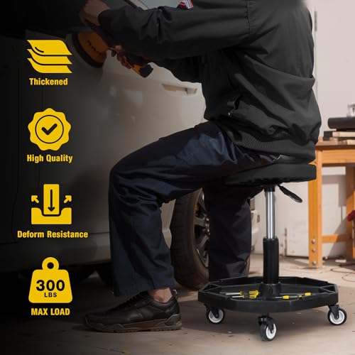 YELLOW JACKET Mechanical Seat, Garage Shop Stool 300 LBS Capacity Adjustable Pneumatic Creeper Seat with Removable Magnetic Tool Tray and Wheels, Round Garage Workshop Chair